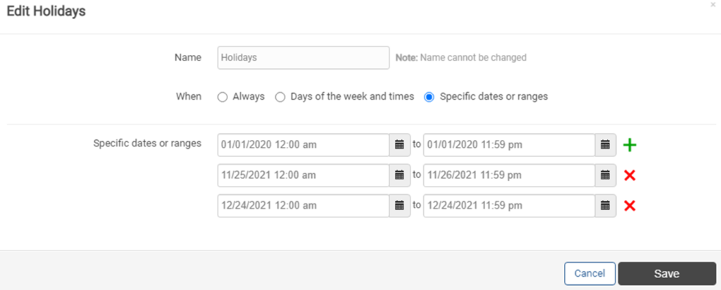 OneCloud Holiday TIme Frame Example
